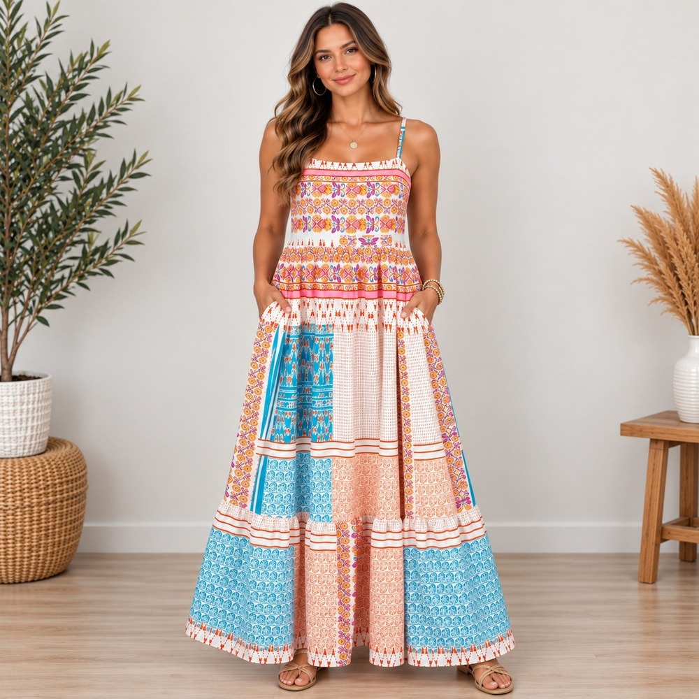 NEW Pink Orange Patchwork Floral Smocked Back Maxi Dress Sleeveless Size Large